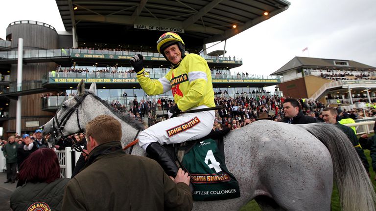 Jacob celebrates after winning the 2012 Grand National at Neptune Collonges 