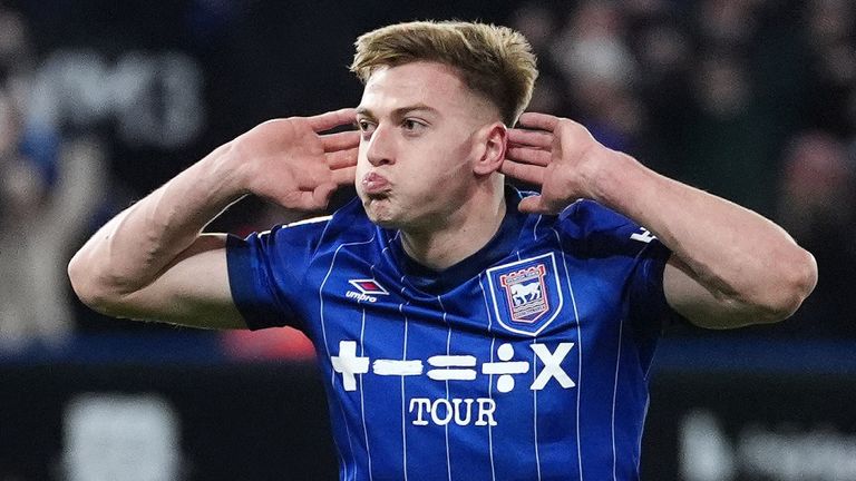 Liam Delap, Ipswich Town player, celebrates scoring his team's first goal of the match