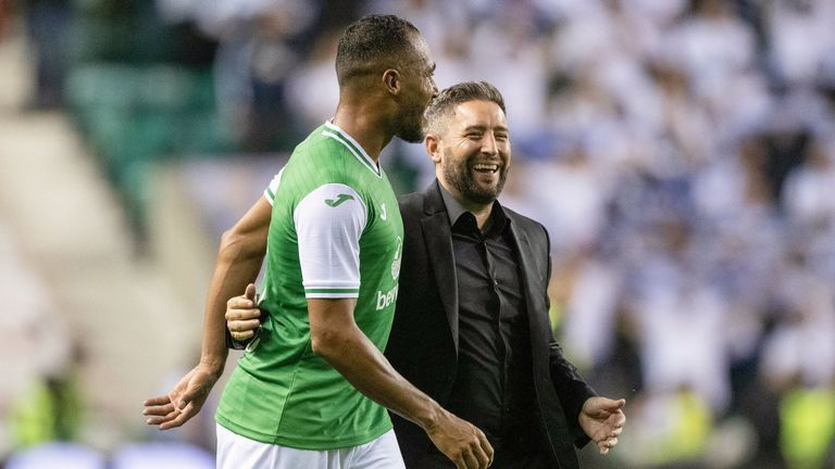 EDINBURGH, SCOTLAND - AUGUST 10: Hibernian coach Lee Johnson with Jordan Obita at full-time during the UEFA Conference League third qualifying round match between Hibernian and FC Luzern at Easter Road, on August 10, 2023, in Edinburgh, Scotland. (Photo by Paul Devlin/SNS Collection)