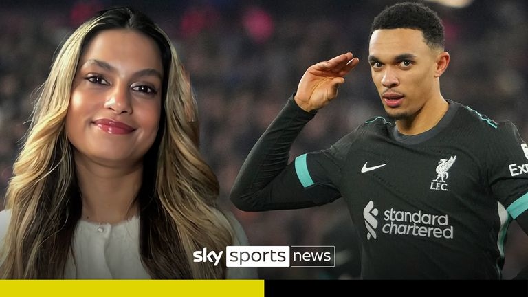 Liverpool's Trent Alexander-Arnold celebrates after scoring his team's fourth goal during the English Premier League soccer match between West Ham United and Liverpool at the London Stadium in London, Sunday, December 29, 2024. (AP Photo/Kirsty Wigglesworth)