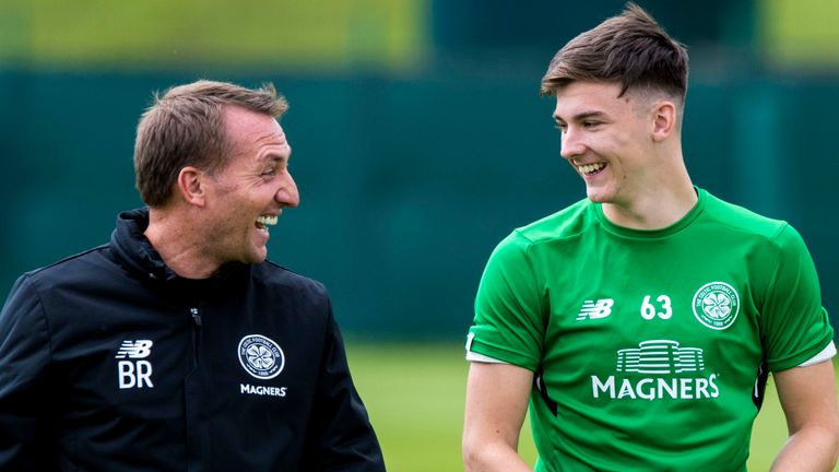 07/13/17.LENNOXTOWN - GLASGOW.Celtic manager Brendan Rodgers (left) shares a joke with Kieran Tierney