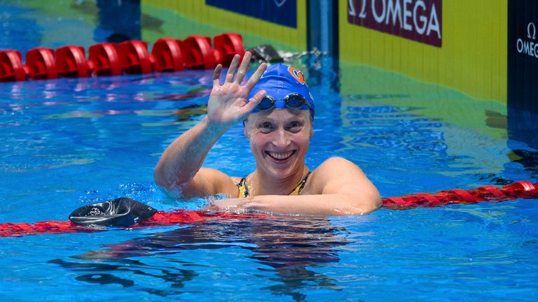 INDIANAPOLIS, IN - JUNE 15: Katie Ledecky wins the women's 400 freestyle during the U.S. Olympic Swimming Team Trials on June 15, 2024 at Lucas Oil Stadium in Indianapolis, Indiana. (Photo by Zach Bollinger/Sportswire Icon) (Sportswire Icon via AP Images)