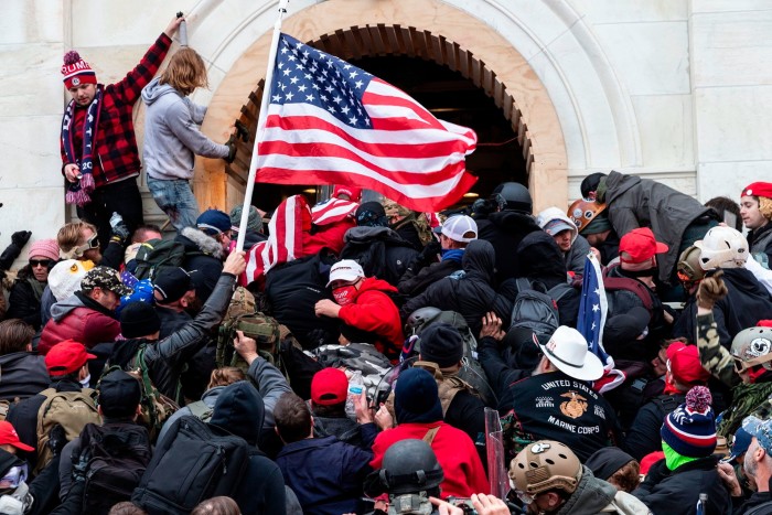 Rioters clashed with police who tried to enter the Capitol through the front doors. Rioters smashed windows and stormed the Capitol building in an attempt to overthrow the results of the 2020 election. 