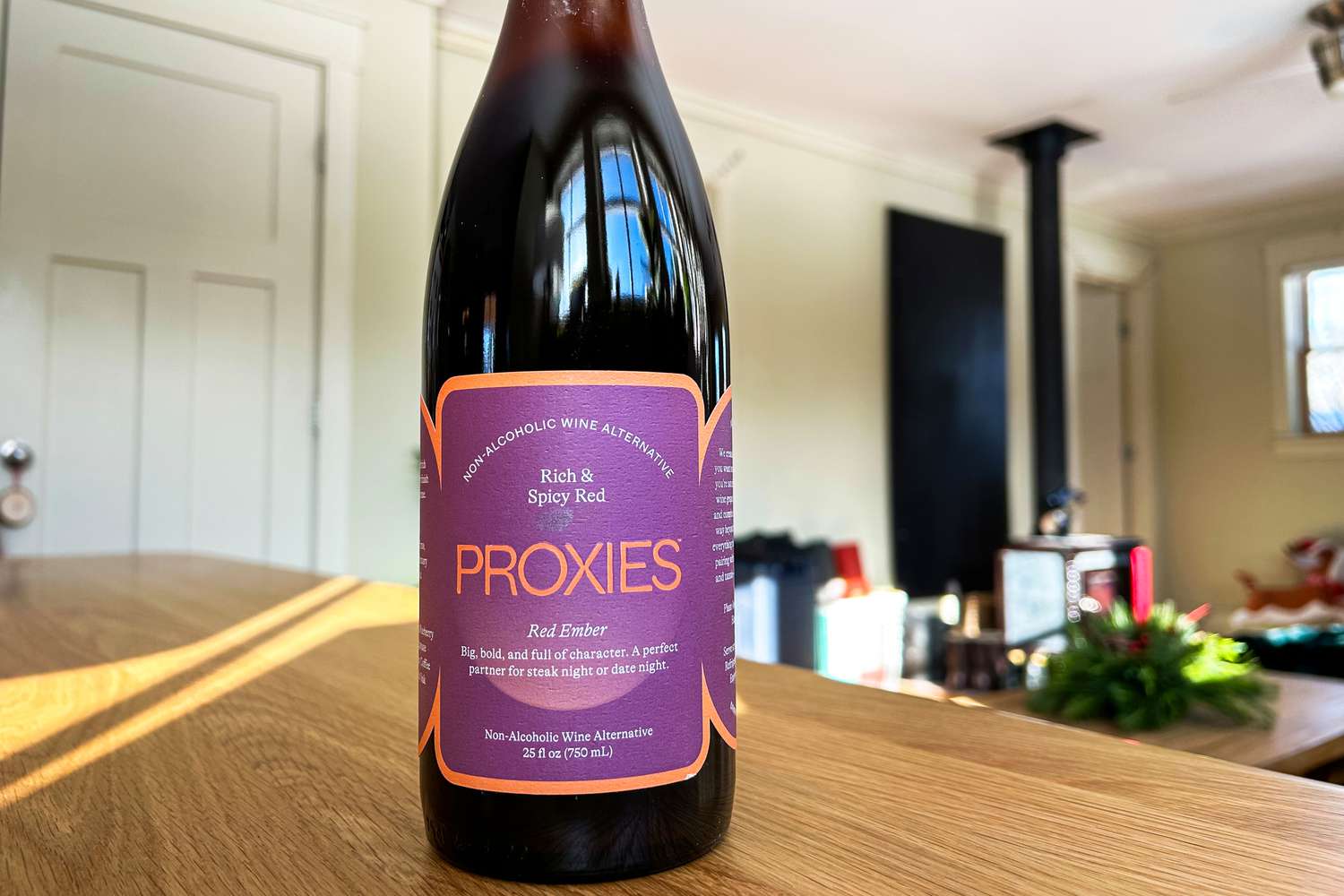 A bottle of Proxies red ember nonalcoholic wine