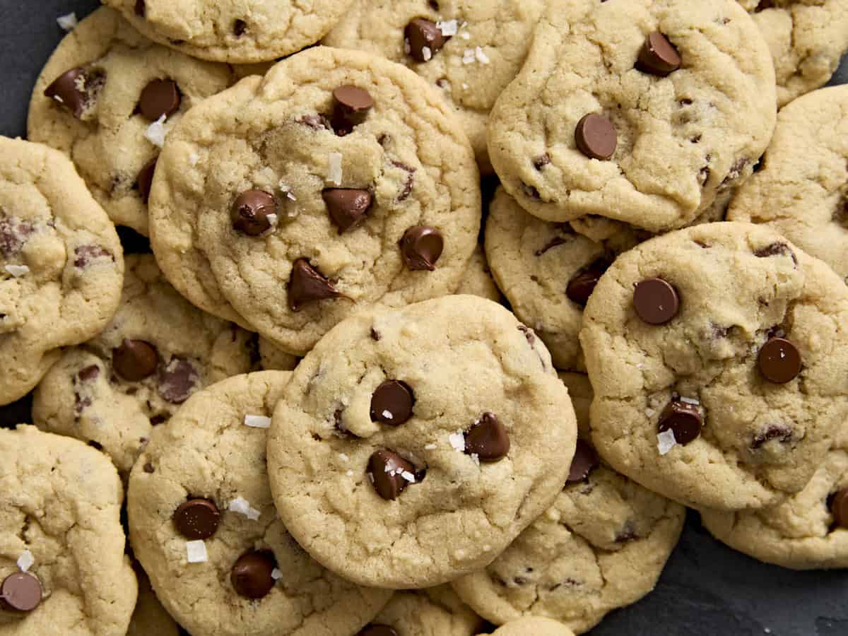 Close up of chocolate chip cookies.