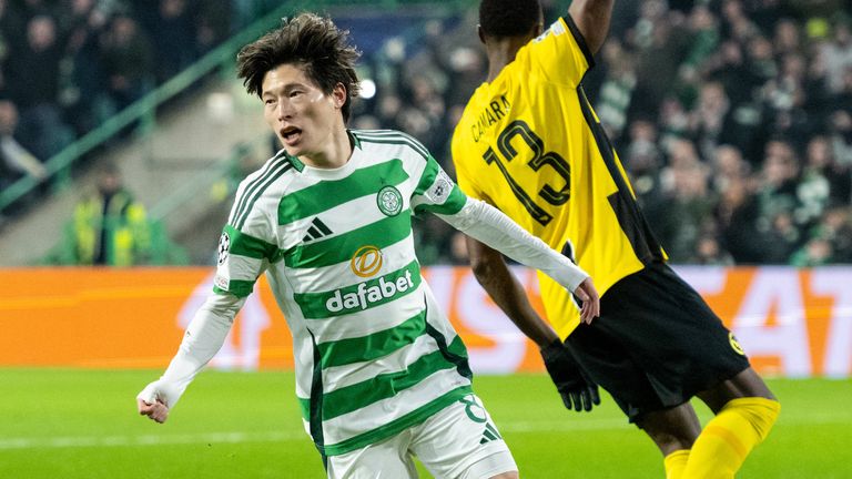 GLASGOW, SCOTLAND - JANUARY 22: Celtic's Kyogo Furuhashi wheels away to celebrate but his goal is disallowed for offside during a UEFA Champions League 2024/25 League Phase MD7 match between Celtic and BSC Young Boys at Celtic Park, on January 22, 2025, in Glasgow, Scotland.  (Photo by Paul Devlin / SNS Group)