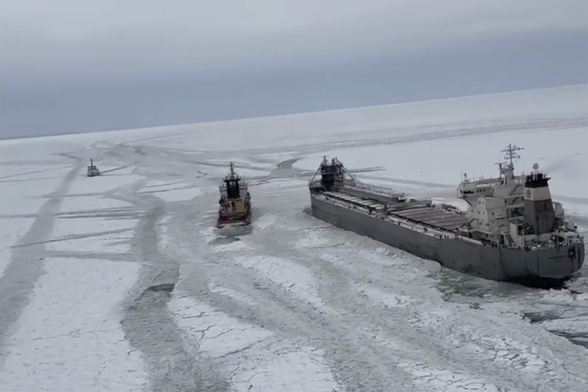 A Canadian freighter has been stuck in Lake Erie’s ice for days, and more ships are arriving to help free it