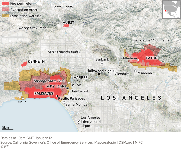 Map showing Los Angeles fire perimeters and evacuation orders and warnings currently in effect