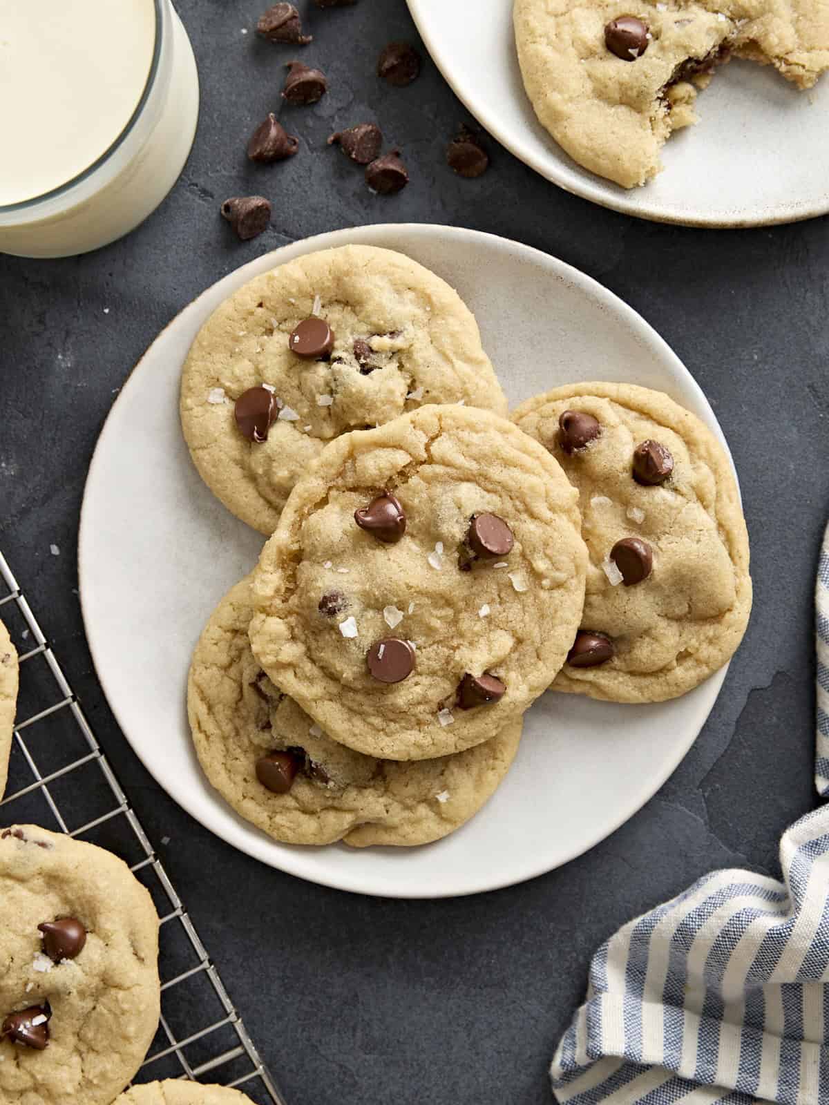 Overhead view of chocolate chip cookies on a plate.