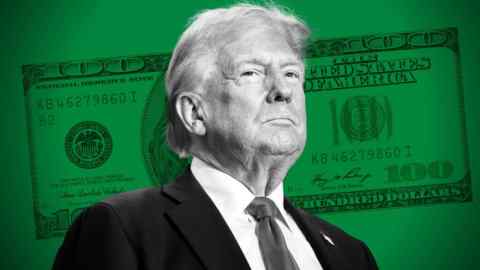 Montage of Donald Trump in front of a $100 bill and a green background