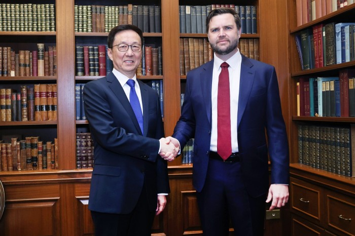 Chinese Vice President Han Zheng (left) and incoming US Vice President J.D. Vance on Sunday